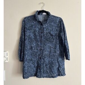 Terra SJ Apparel Medium Button Up Blouse Blue White‎ Cotton Gauze Coastal Boho